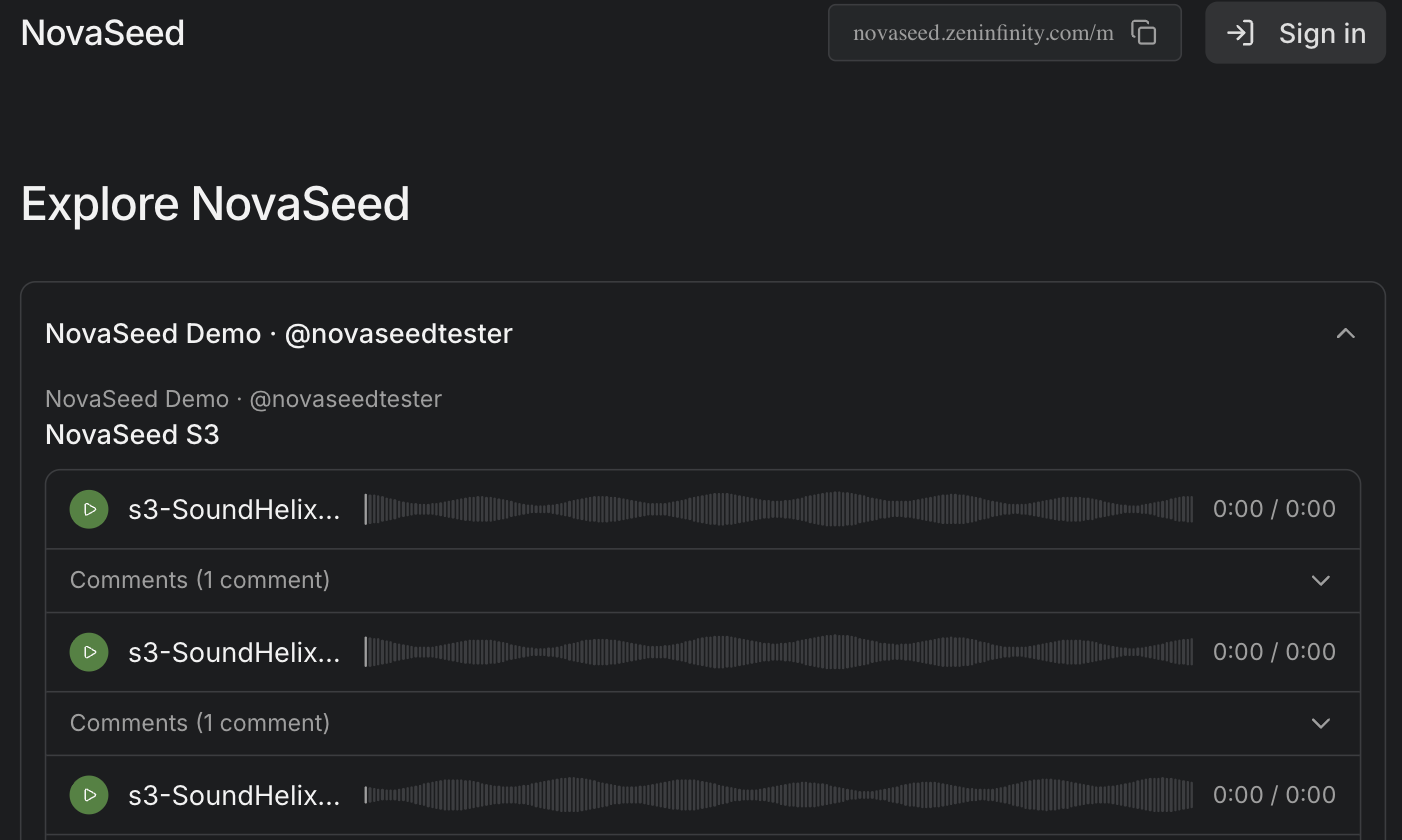 NovaSeed Explore view: public track list with waveform players and comment counts