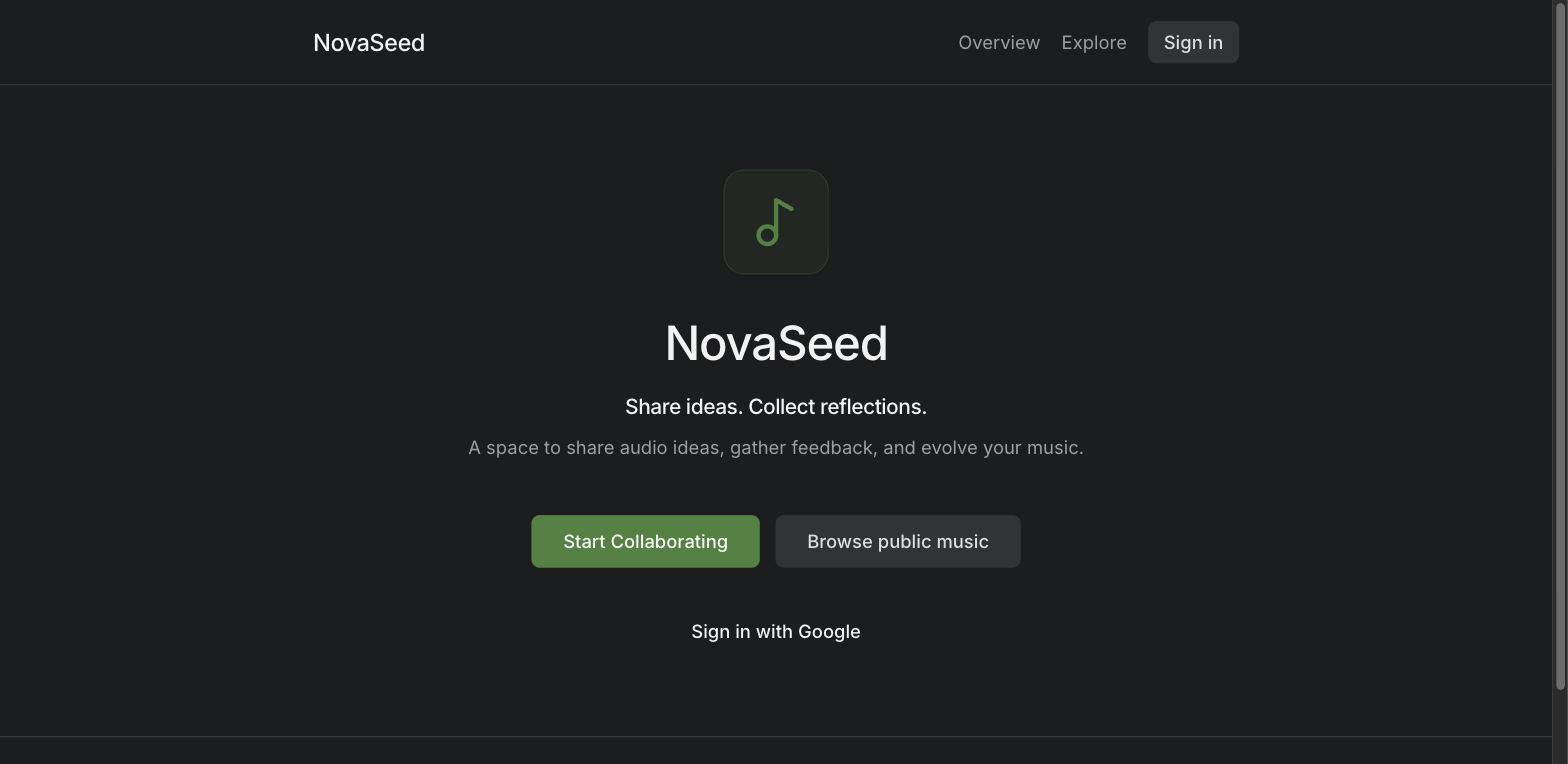 NovaSeed landing page: share ideas, collect reflections