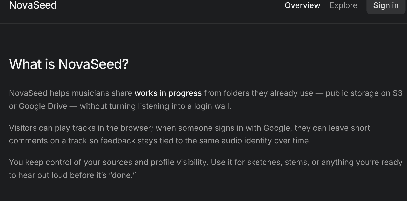 NovaSeed Overview page explaining the S3 and Google Drive workflow