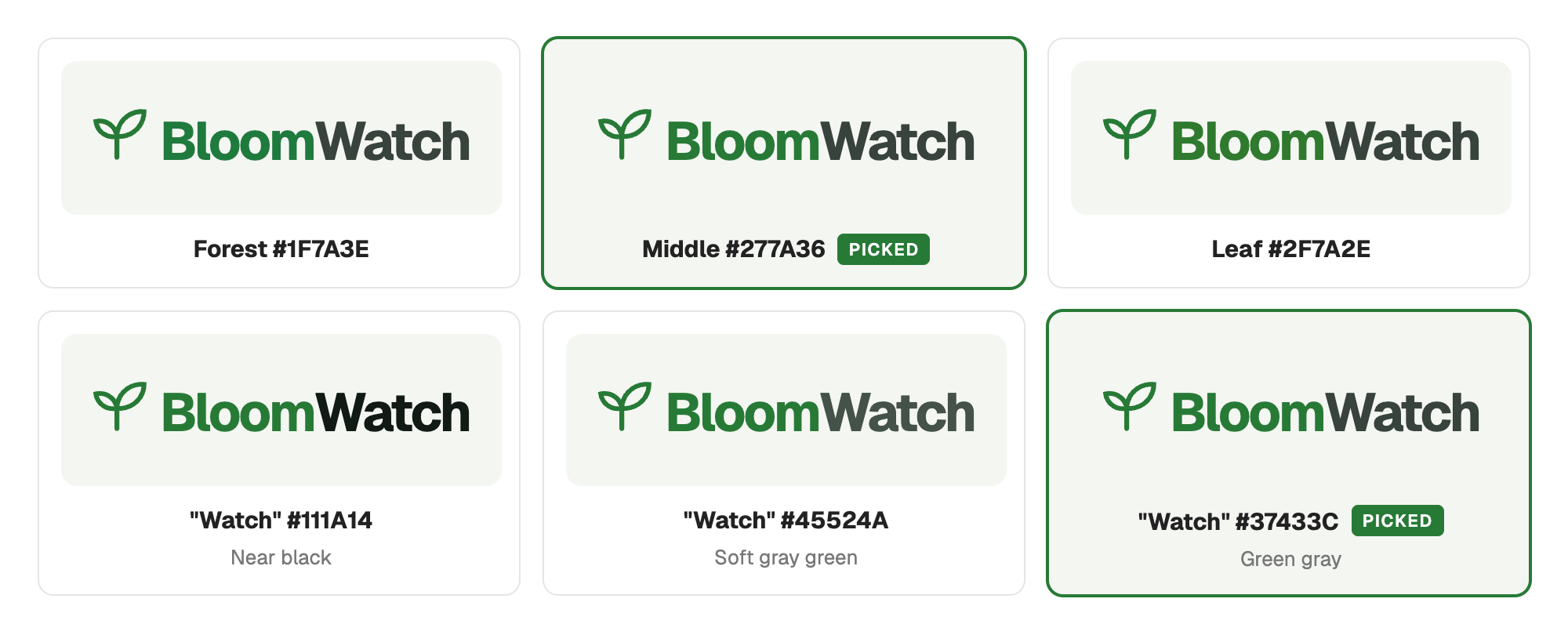 Light lockups in forest, middle (picked), and leaf green, then Watch in near black, soft gray green, and green gray (picked)