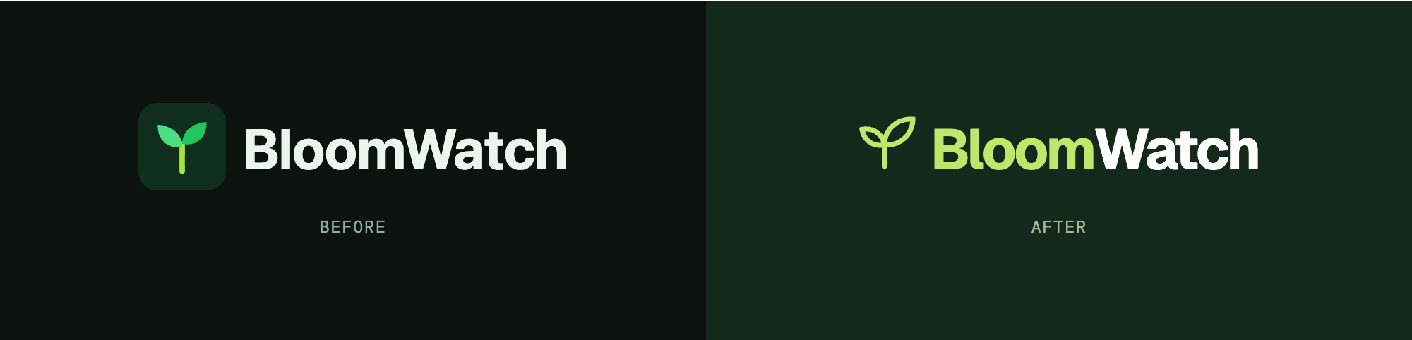 Before: old filled sprout tile next to plain bold BloomWatch text. After: one-line lime sprout with BloomWatch in Geist, Bloom in lime and Watch in white.