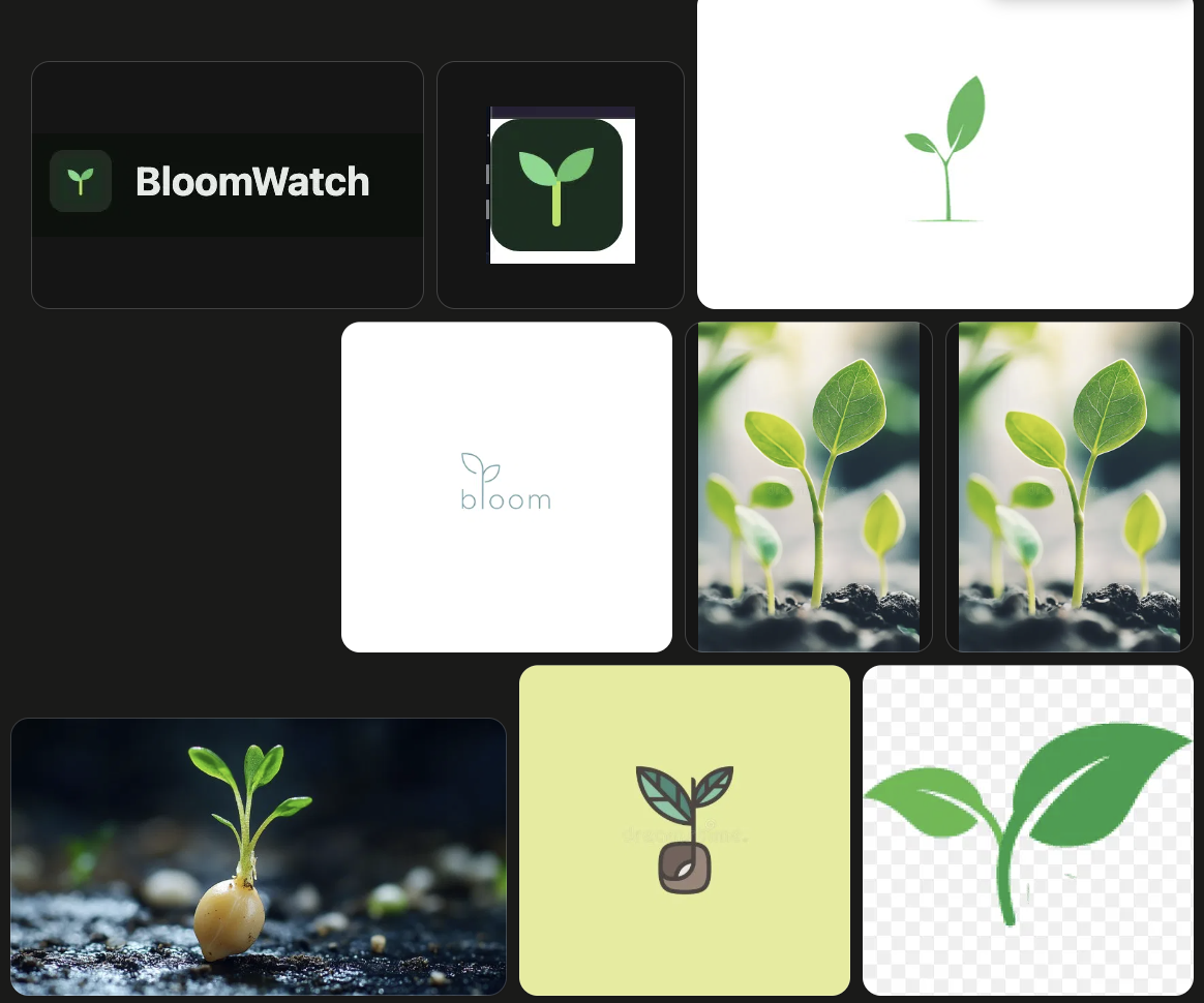 Round 1 brief: the old BloomWatch header and app icon, then seven sprout inspiration images including line drawings, photos, and filled leaf logos