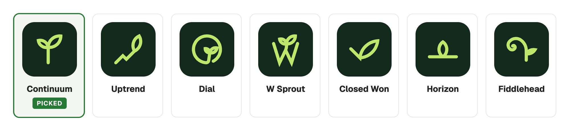 Seven round 2 marks on dark tiles: Continuum (picked), Uptrend, Dial, W Sprout, Closed Won, Horizon, Fiddlehead