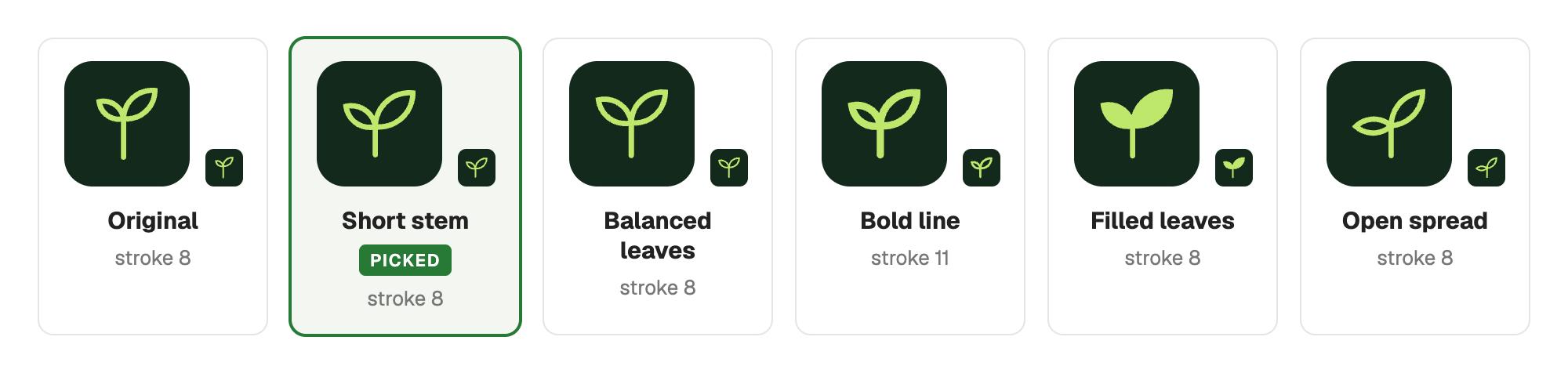 Six shape variations at 80 px and 24 px: Original, Short stem (picked), Balanced leaves, Bold line, Filled leaves, Open spread