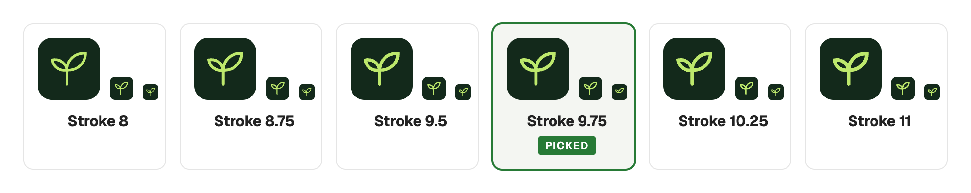 Stroke weights 8, 8.75, 9.5, 9.75 (picked), 10.25, and 11, each at 64, 24, and 16 px
